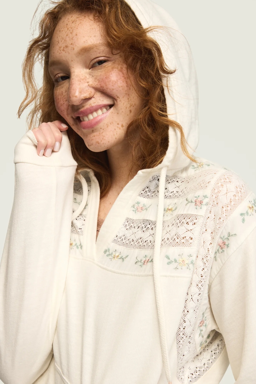 EMBROIDERED TRIM MIX HOODIE — GARDENIA — image 1