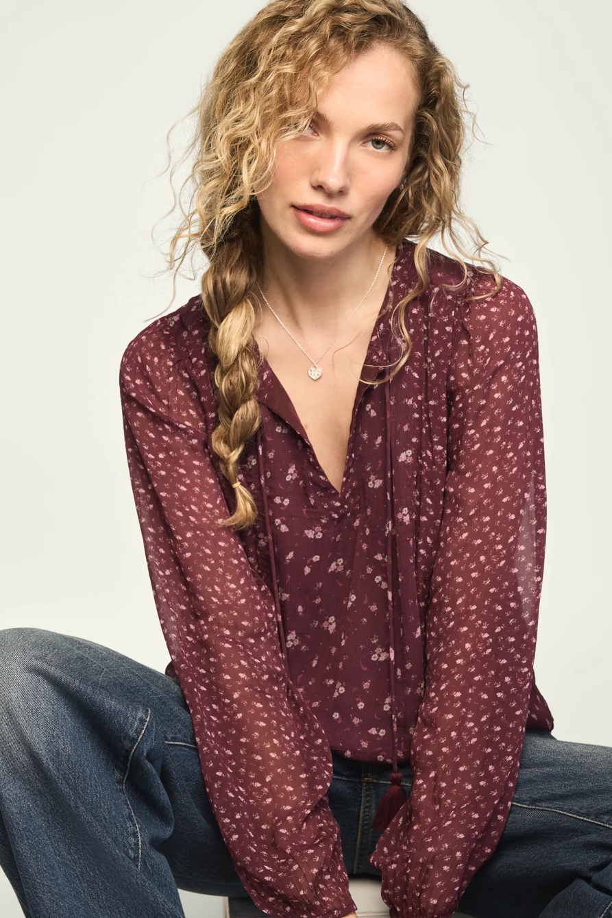 PRINT MIX LONG SLEEVE PEASANT TOP — BURGUNDY PRINT MIX — image 1