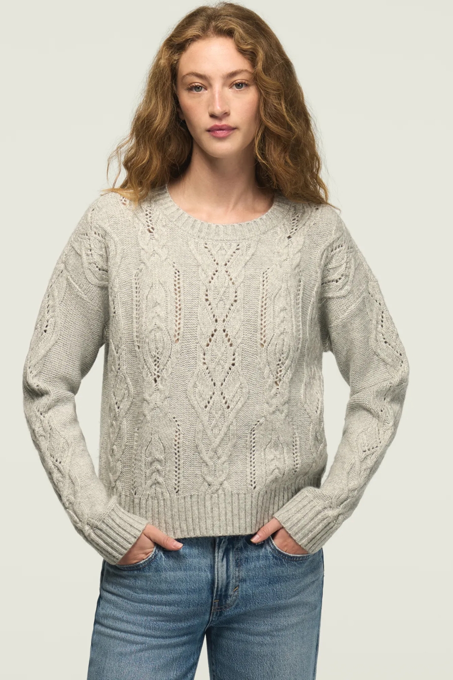 OPEN STITCH CABLE SWEATER — LIGHT HEATHER GRAY — image 1