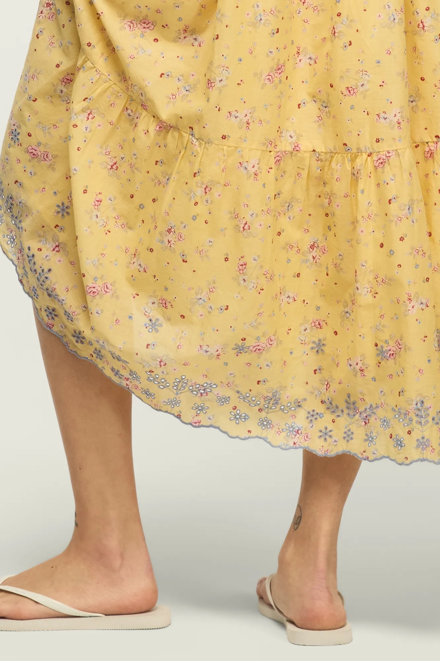 PRINTED EYELET TIERED MIDI DRESS — Yellow Floral — image 2