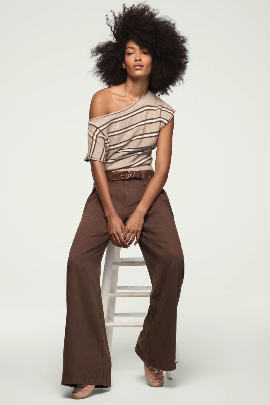 STRIPED BOAT NECK SWEATER TEE — OATMEAL HTR — image 2