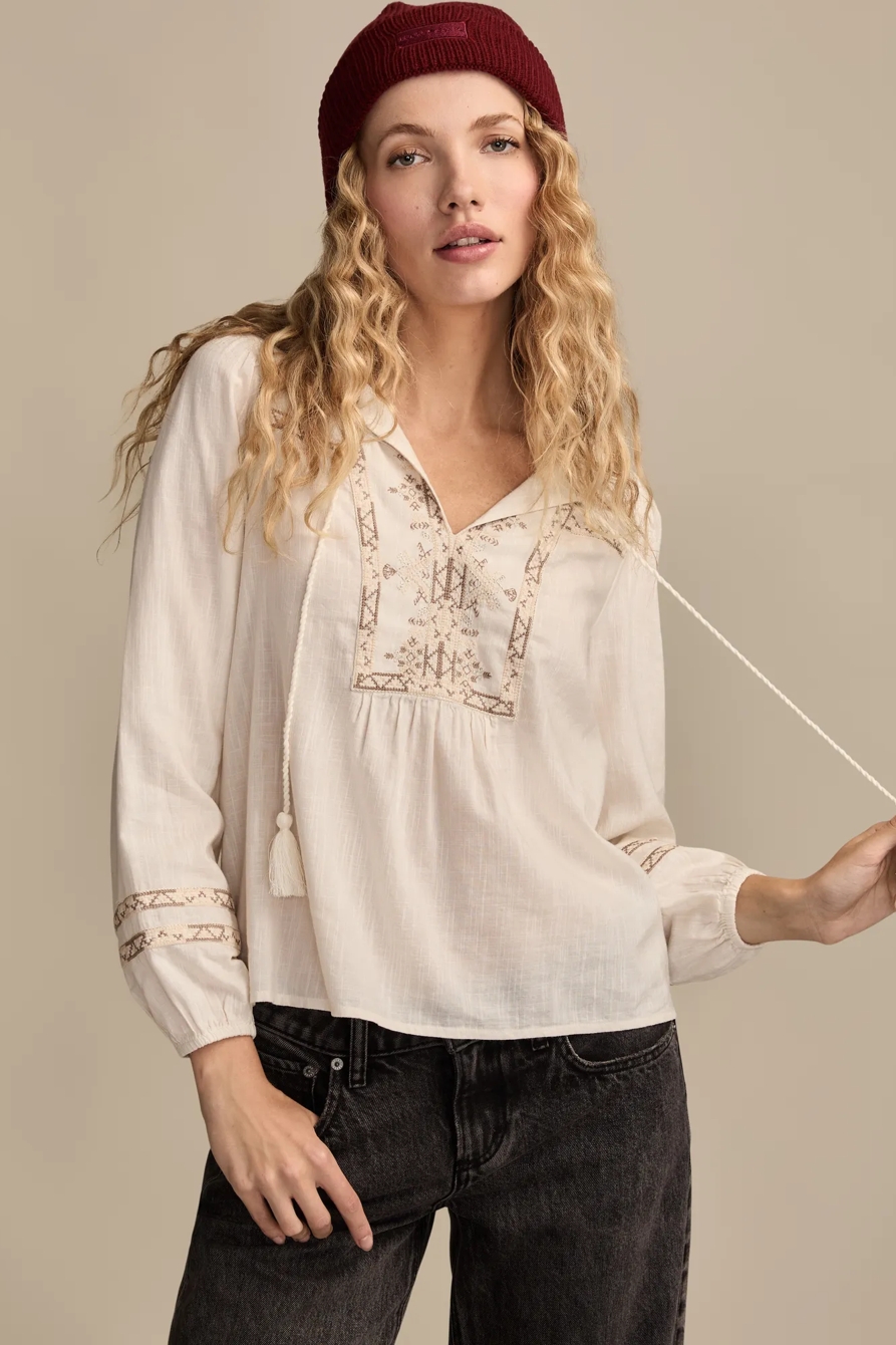 EMBROIDERED NOTCH NECK PEASANT TOP — GARDENIA — image 1
