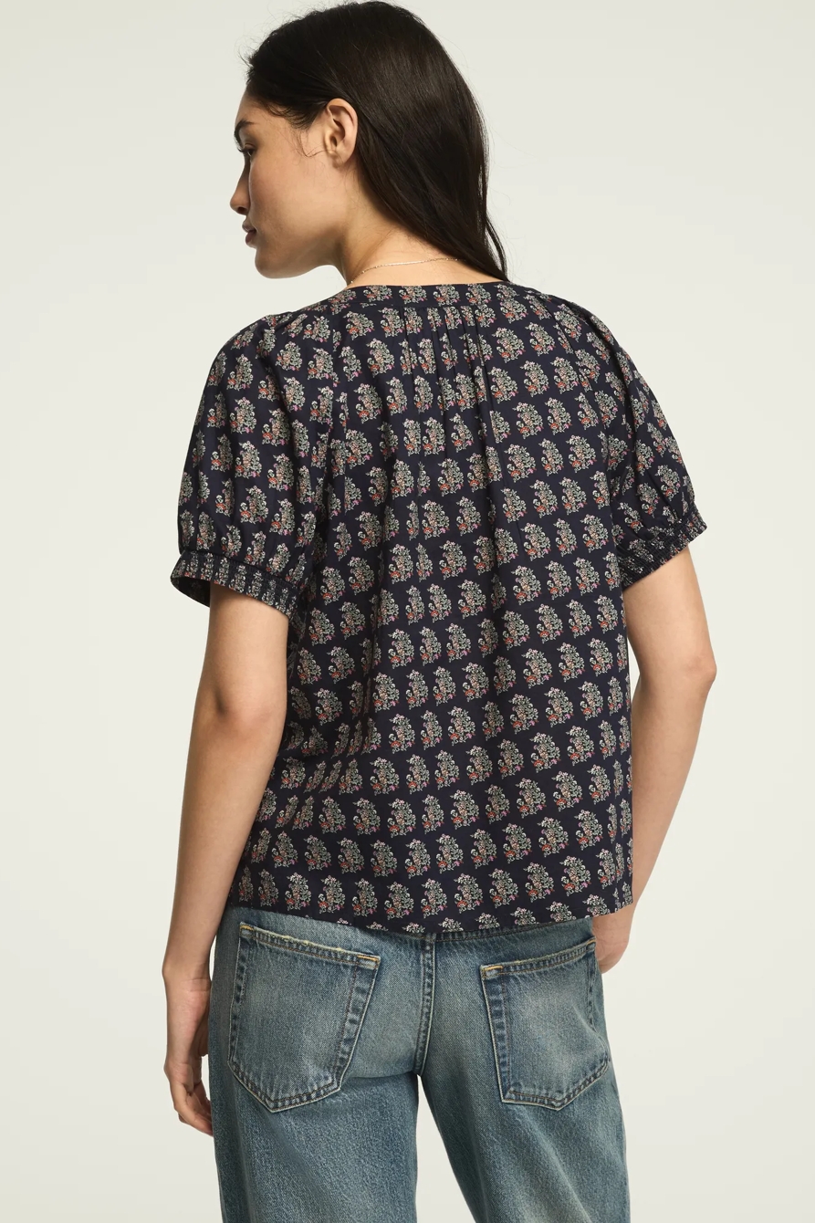 SHORT SLEEVE PINTUCK PEASANT TOP — NAVY FLORAL — image 3