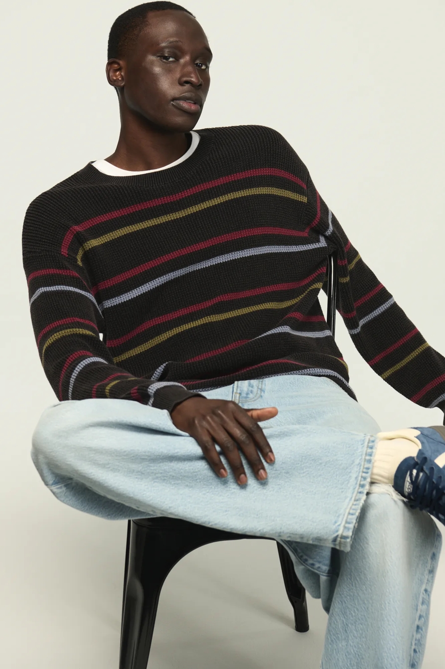 STRIPED WASHED TEXTURED CREW NECK SWEATER — CAVIAR — image 6
