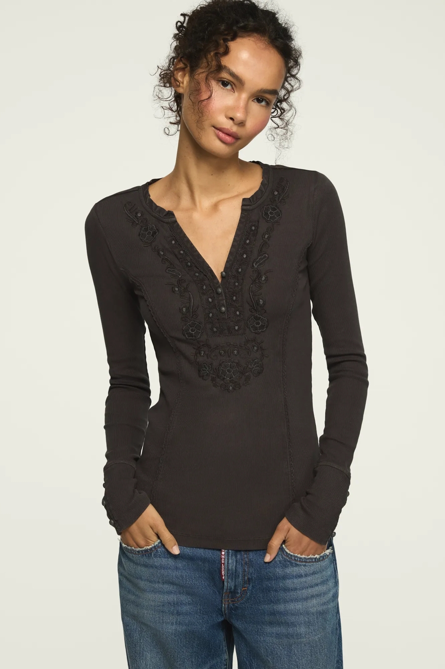 Embroidered V Neck Henley — Raven — image 1