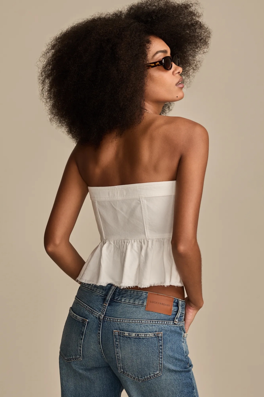 DENIM STRAPLESS PEPLUM TOP — WHITE LIES WASH — image 3