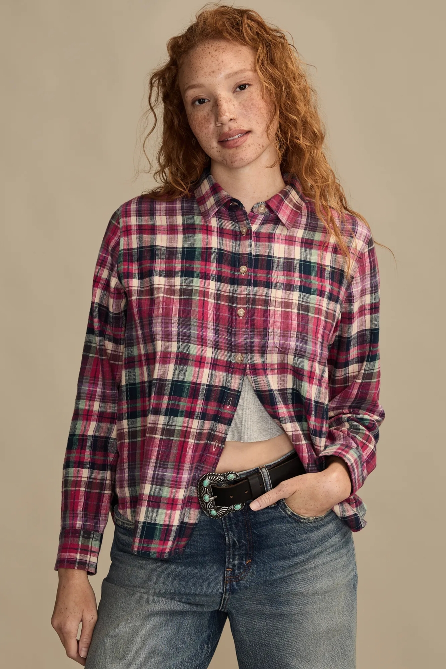 CLYDE PLAID BOYFRIEND BUTTON DOWN SHIRT — PINK MULTI PLAID — image 5