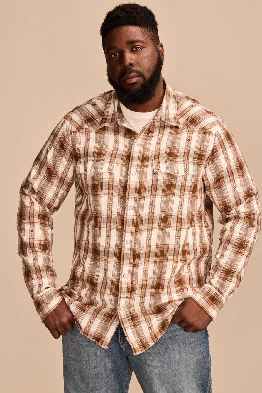 BIG & TALL DOBBY WESTERN LONG SLEEVE SHIRT — BROWN MULTI — image 1