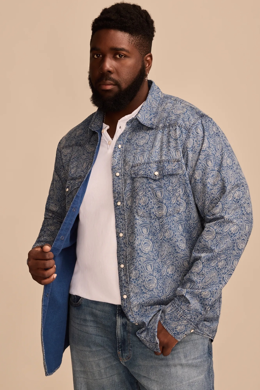 BIG & TALL PRINTED INDIGO WESTERN LONG SLEEVE SHIRT — INDIGO PRINT — image 1