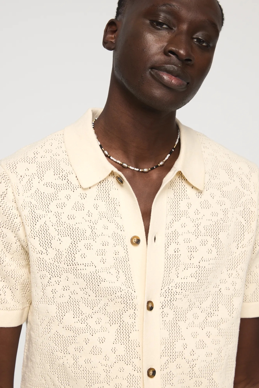 INTARSIA LACE BUTTON DOWN SWEATER — WHITECAP GRAY — image 2