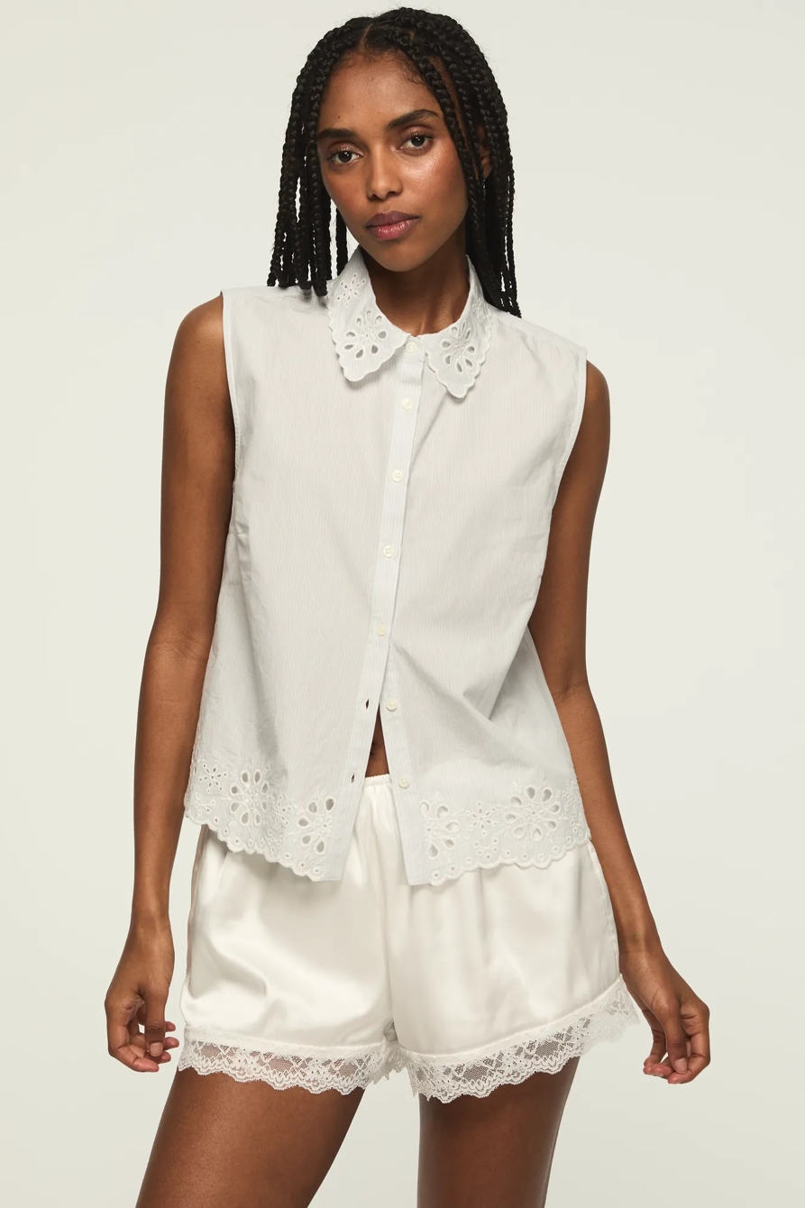 SLEEVELESS EYELET BUTTONDOWN — #1643 LIGHT SEASHELL — image 1