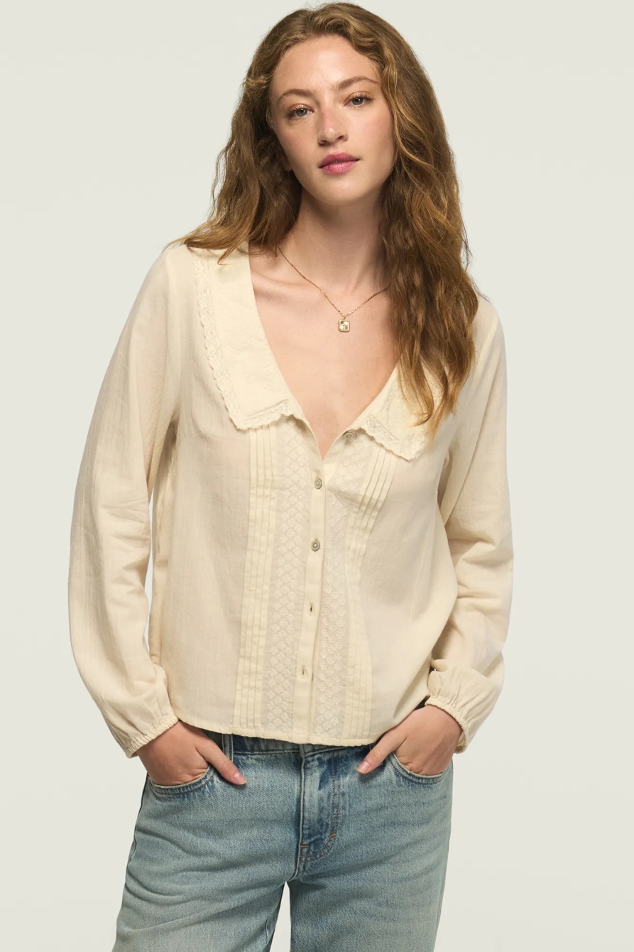 LONG SLEEVE PETER PAN COLLAR TOP — GARDENIA — image 1