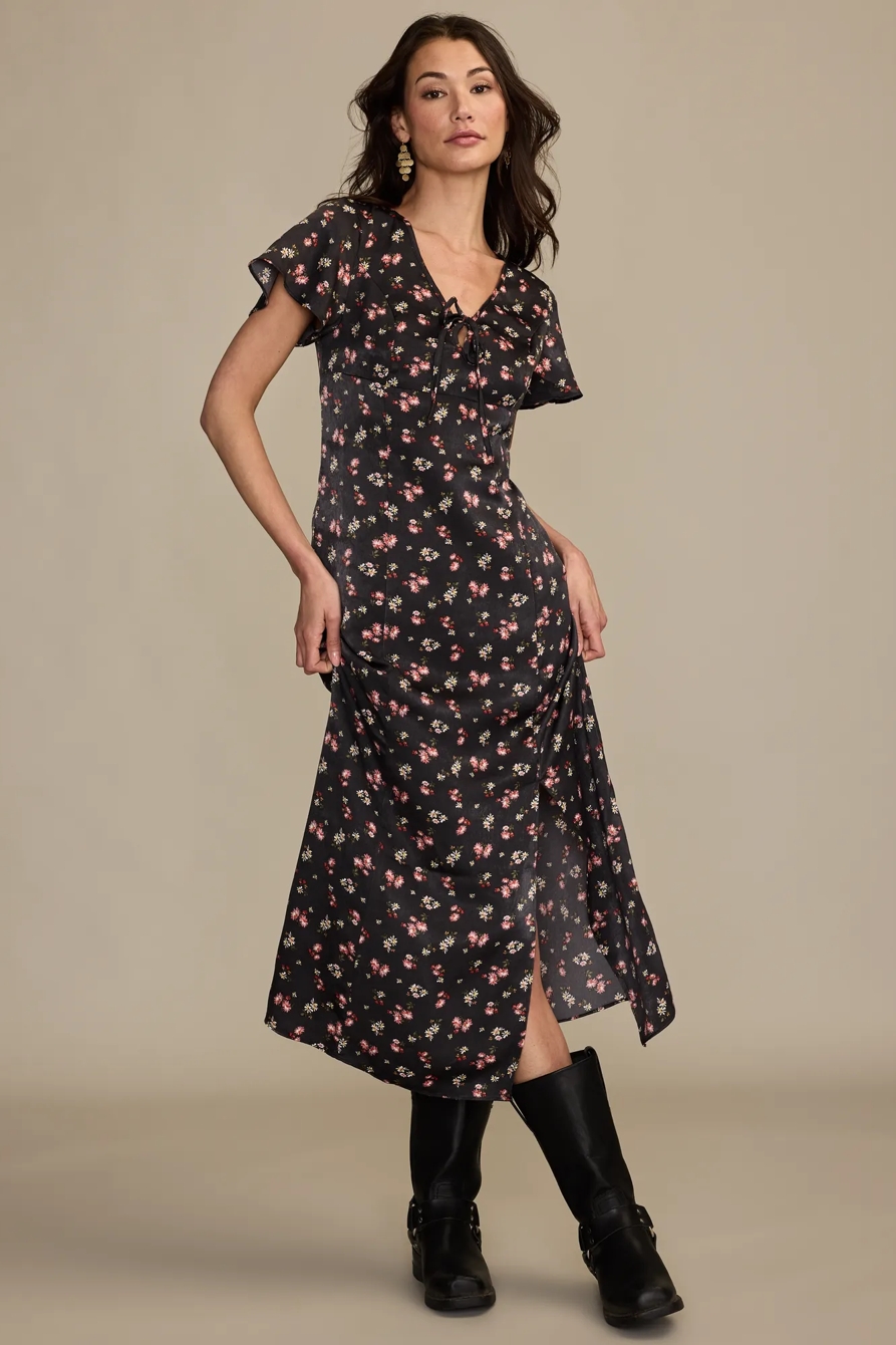 FLUTTER SLEEVE MIDI DRESS — BLACK MULTI — image 1