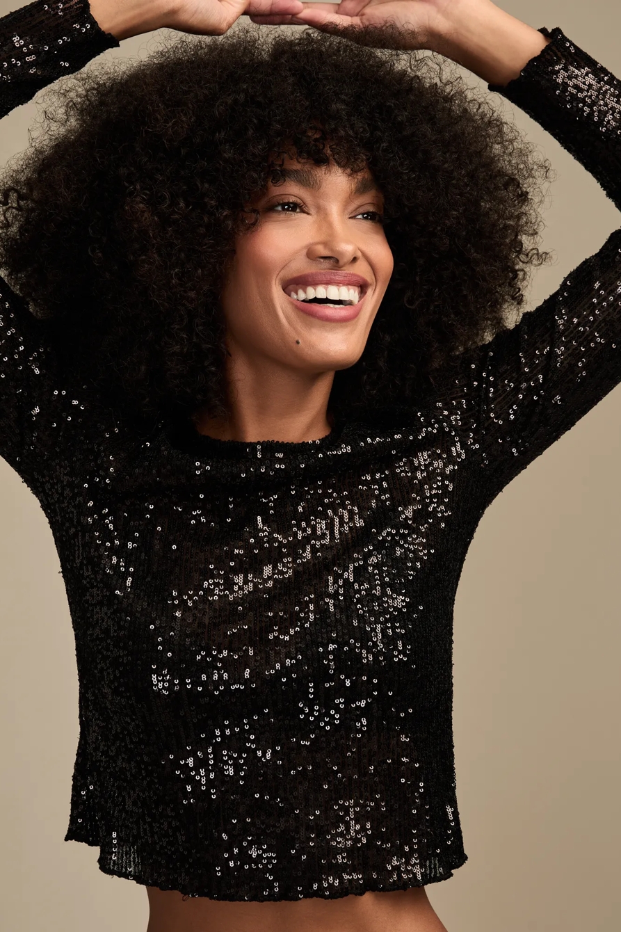 SEQUIN LONG SLEEVE TOP — #001 BLACK — image 1