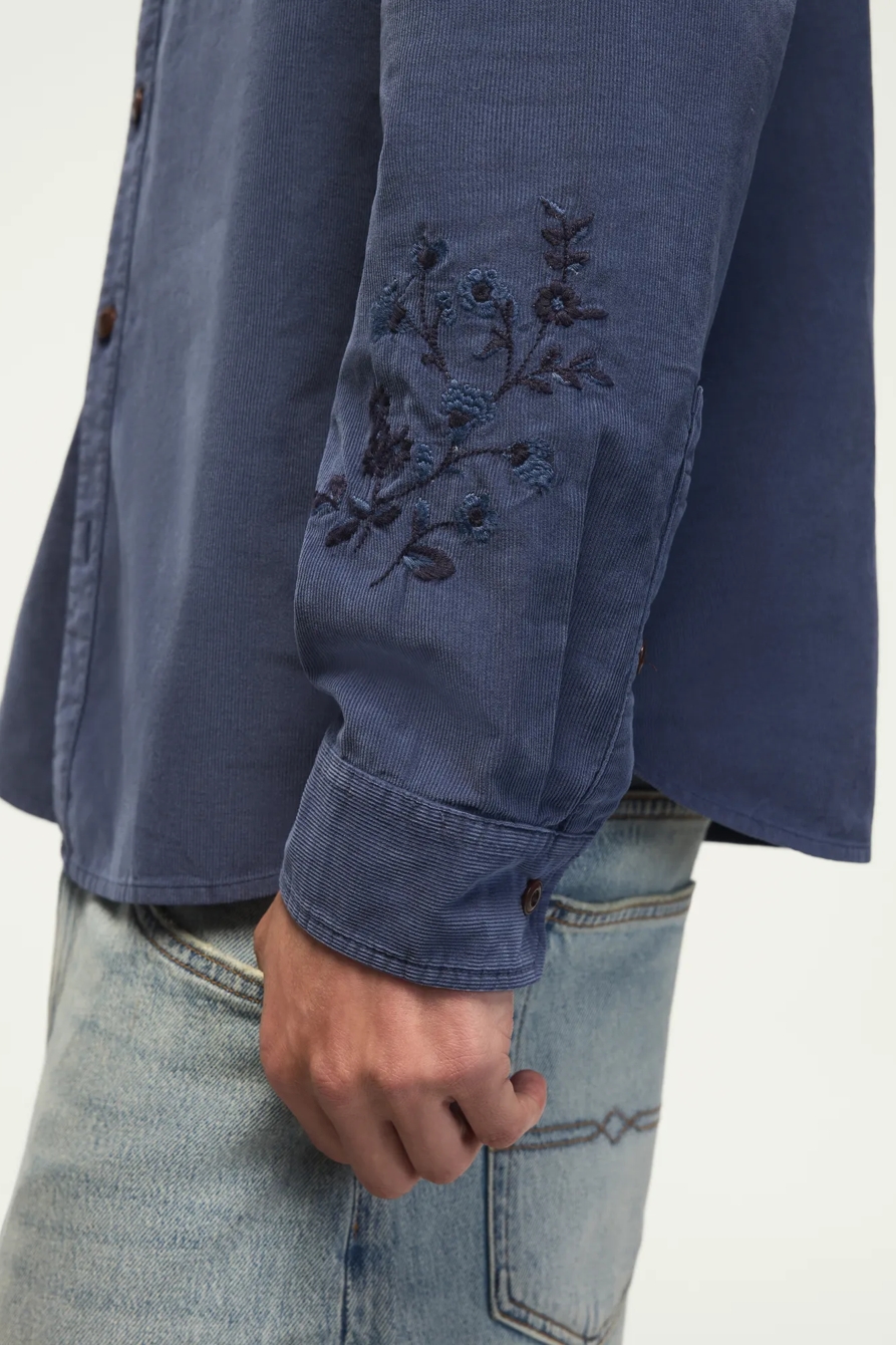LONG SLEEVE EMBROIDERED CORDUROY WORKSHIRT — INDIGO — image 2