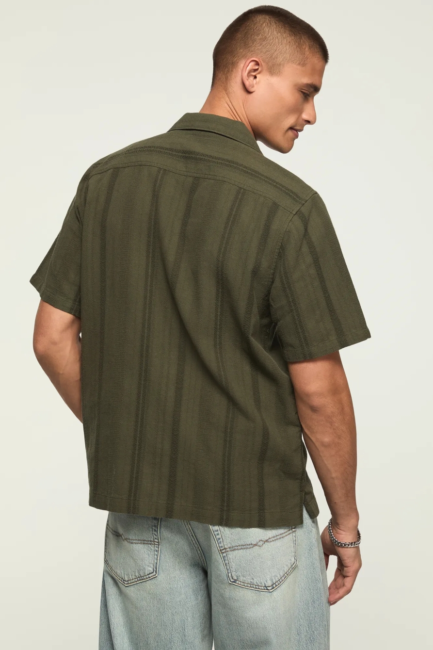 SHORT SLEEVE TEXTURED CAMP COLLAR SHIRT — OLIVE — image 3