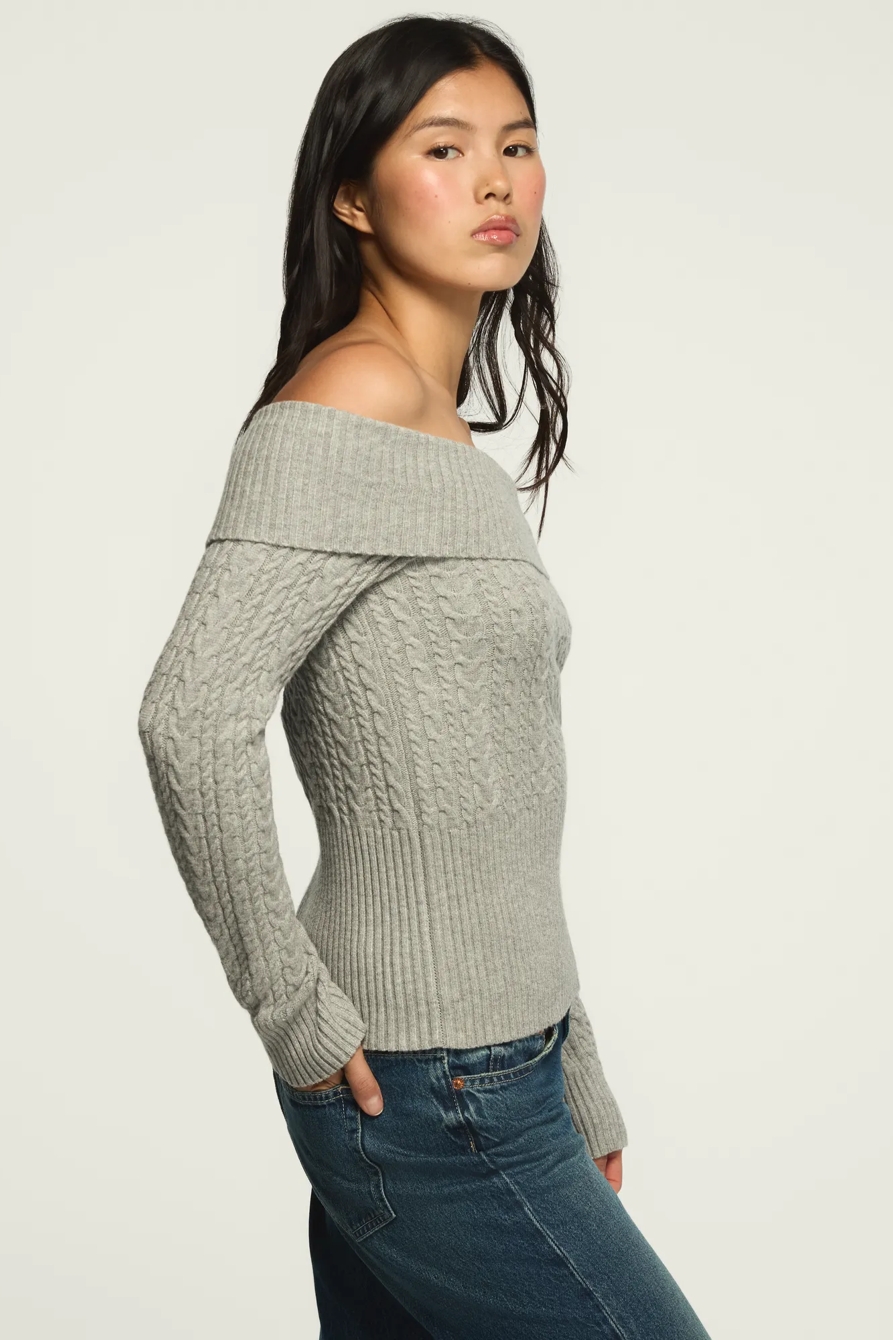 FOLD OVER RIB SWEATER — LIGHT HEATHER GRAY — image 4