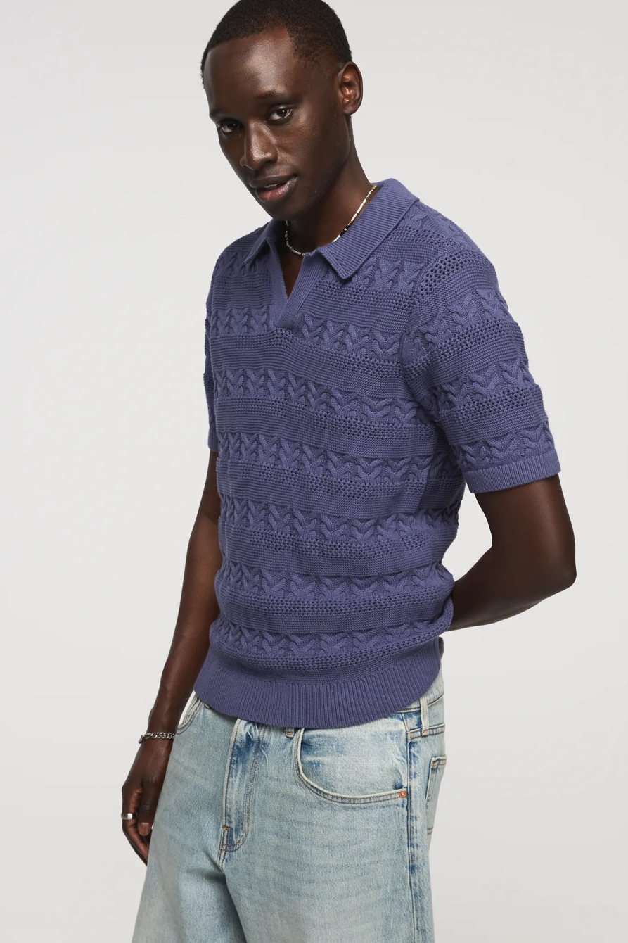 ALL OVER TEXTURE JOHNNY COLLAR SWEATER — BLUE INDIGO — image 4