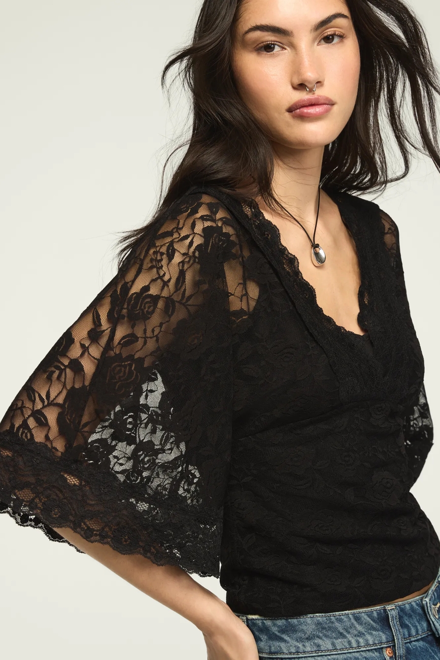 LACE V-NECK  BELL SLEEVE TOP — JET BLACK — image 1