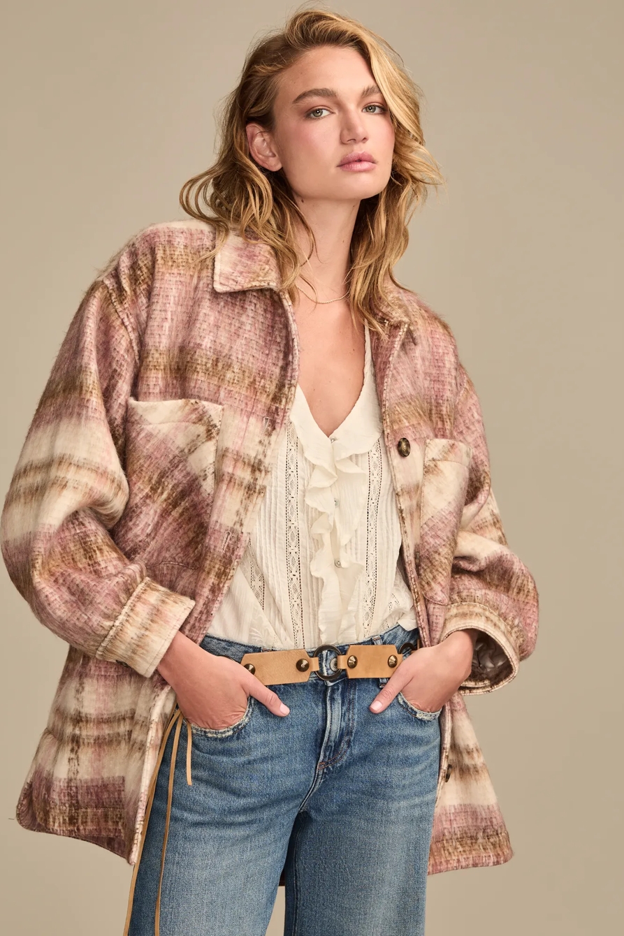 OVERSIZED PLAID SHIRT JACKET — PINK PLAID — image 4