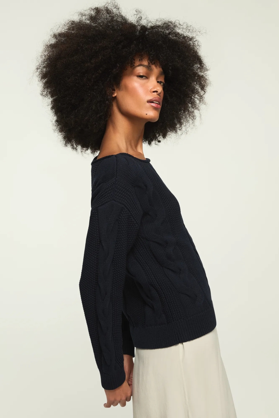CABLE CREW NECK SWEATER — CADET NAVY — image 4