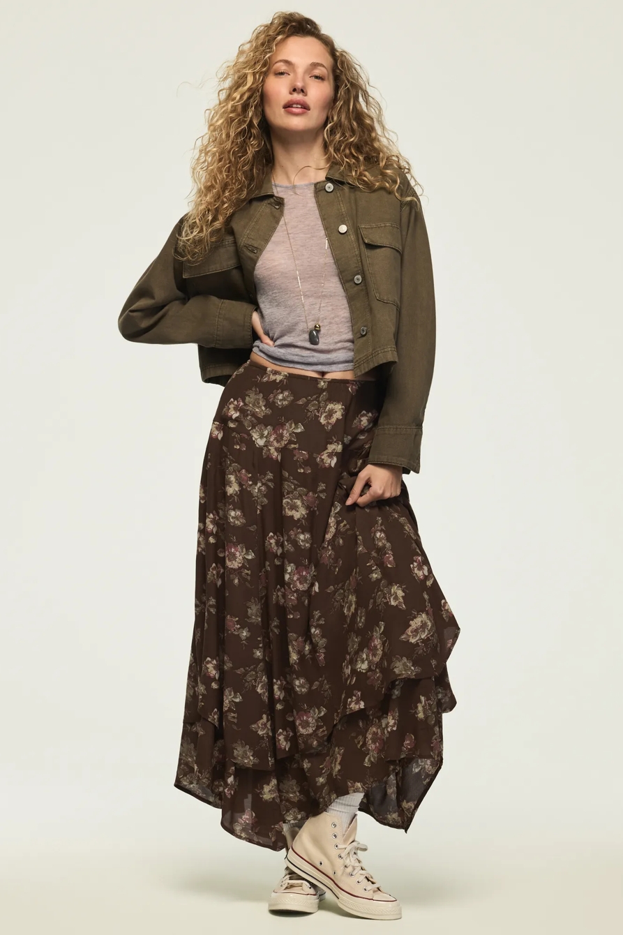 FLORAL DROP WAIST MIDI SKIRT — TAUPE FLORAL — image 1