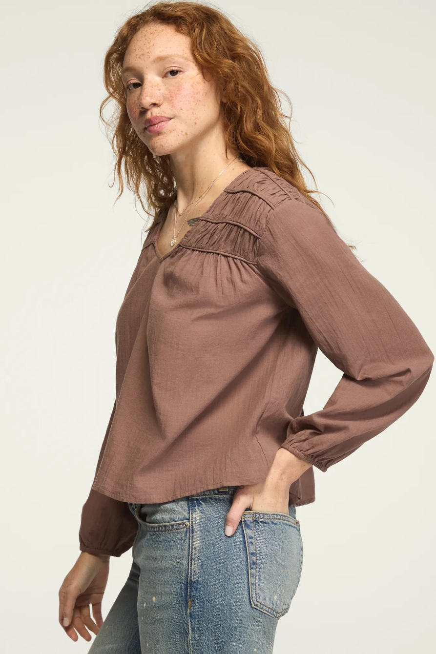 LONG SLEEVE RUCHED PEASANT TOP — DEEP TAUPE — image 3