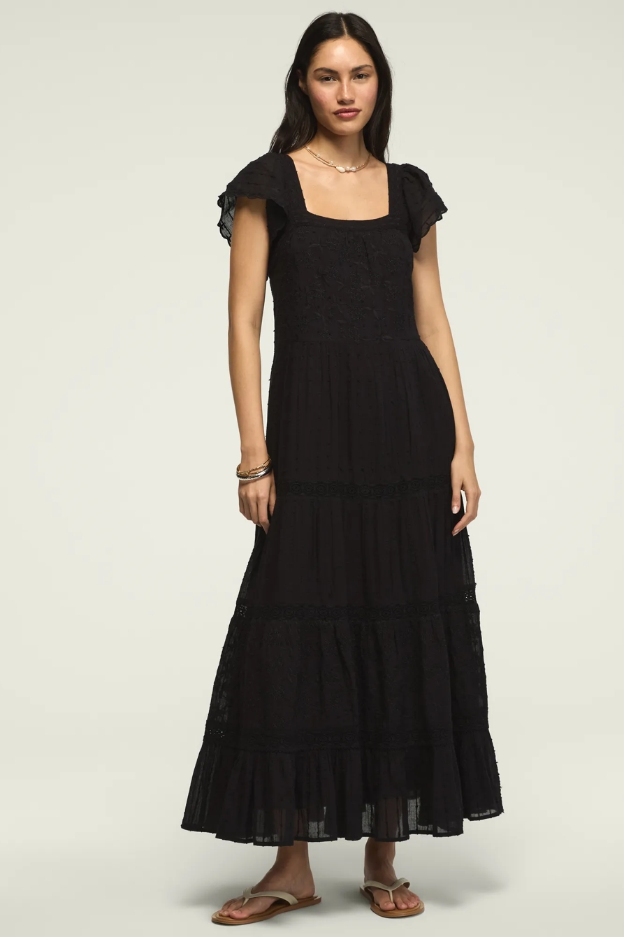 EMBROIDERED TIERED MAXI DRESS — #001 BLACK — image 1