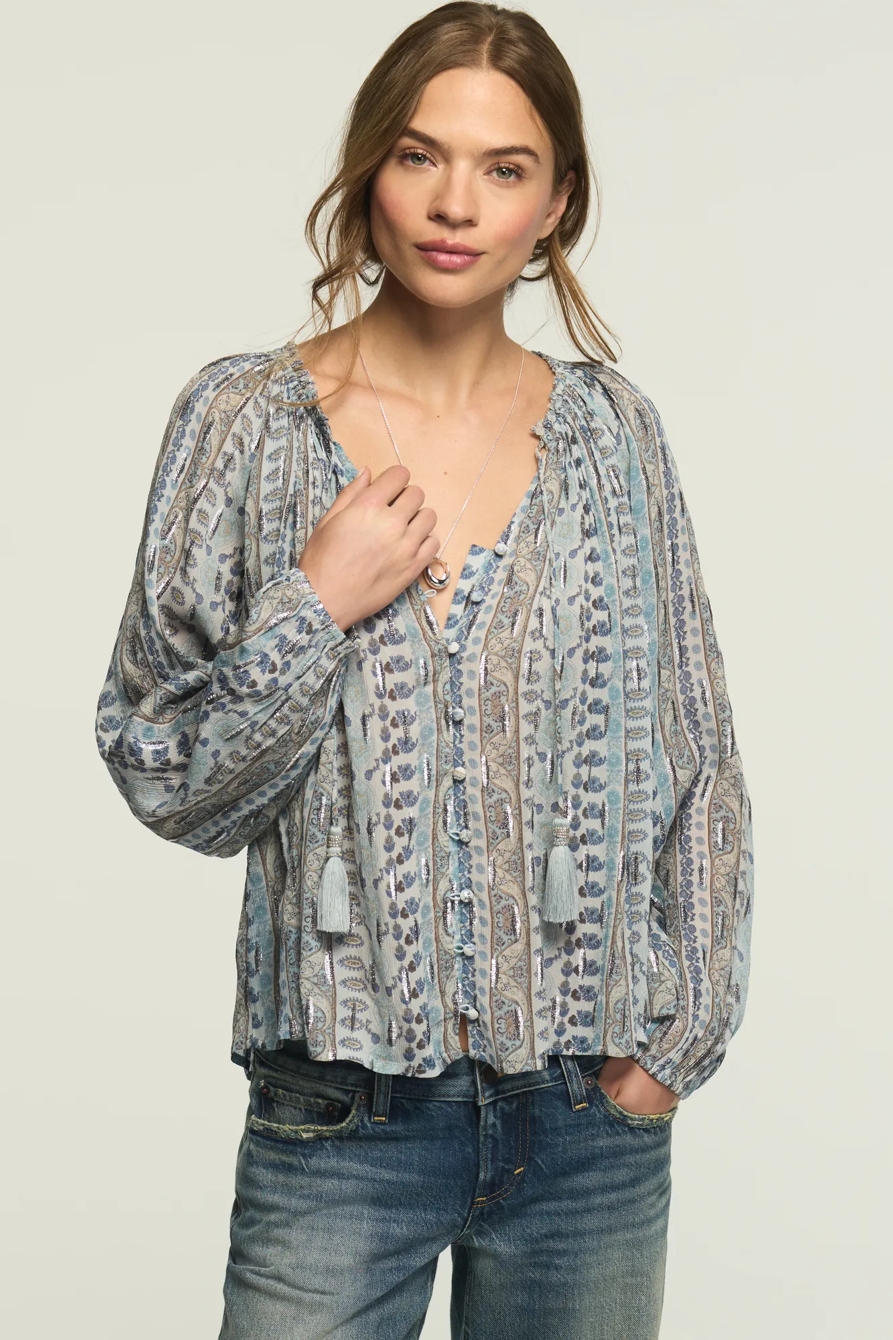 SHINE PRINT MIX BLOUSE — BLUE PAISLEY STRIPE — image 1