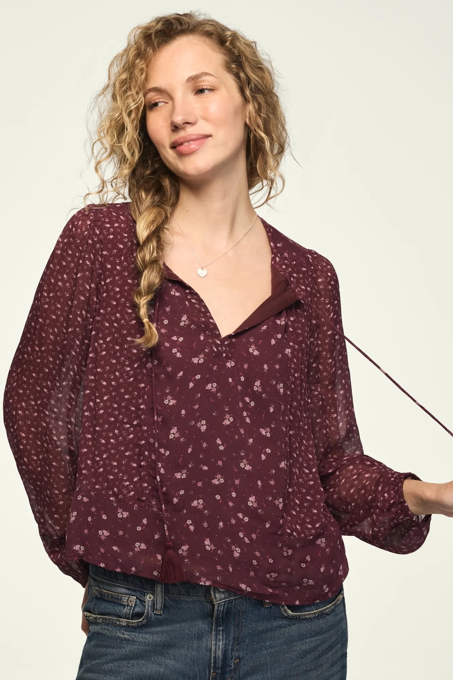 PRINT MIX LONG SLEEVE PEASANT TOP — BURGUNDY PRINT MIX — image 2