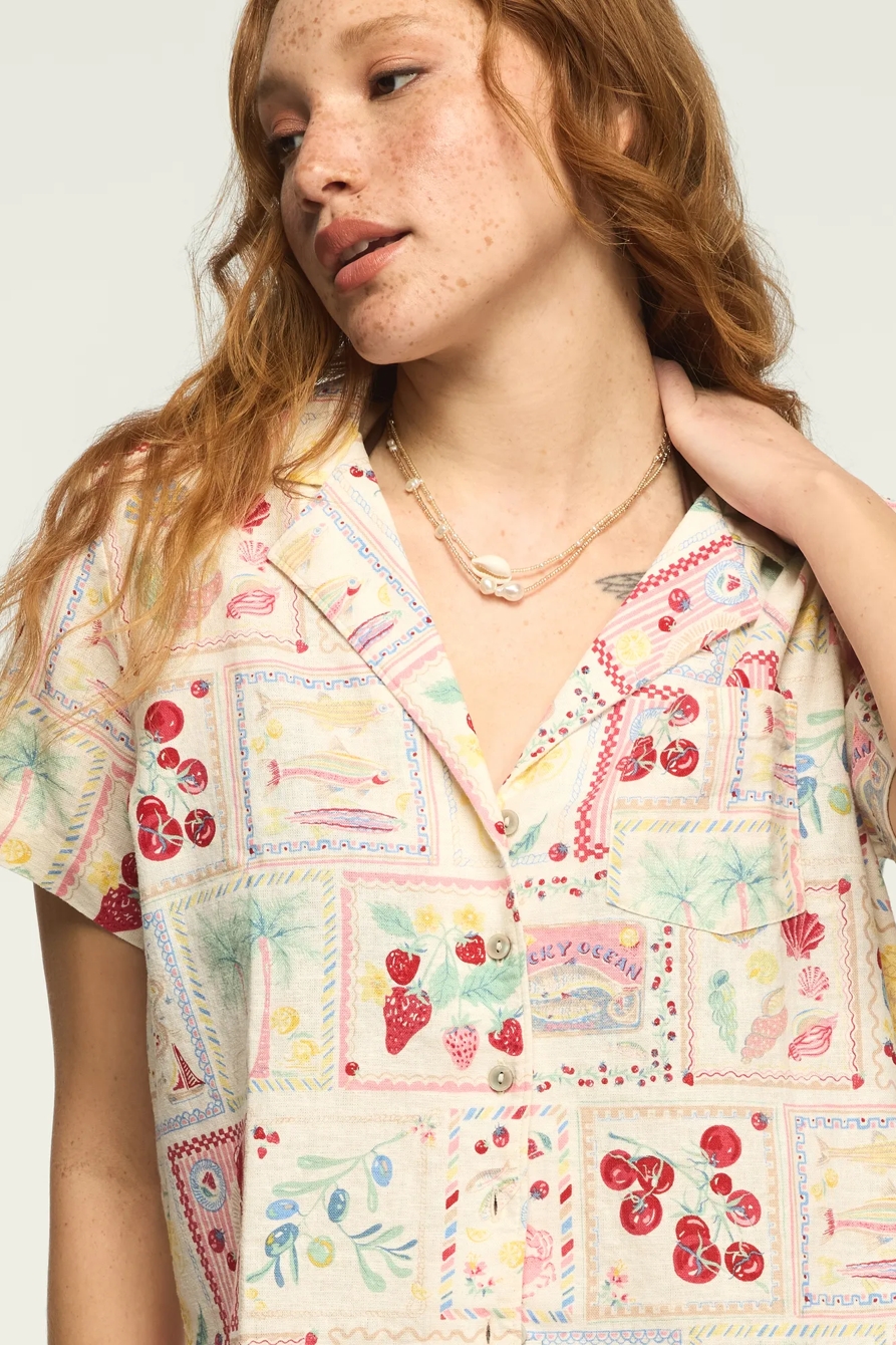 PRINTED LINEN CAMP SHIRT — MULTI POSTCARD — image 5