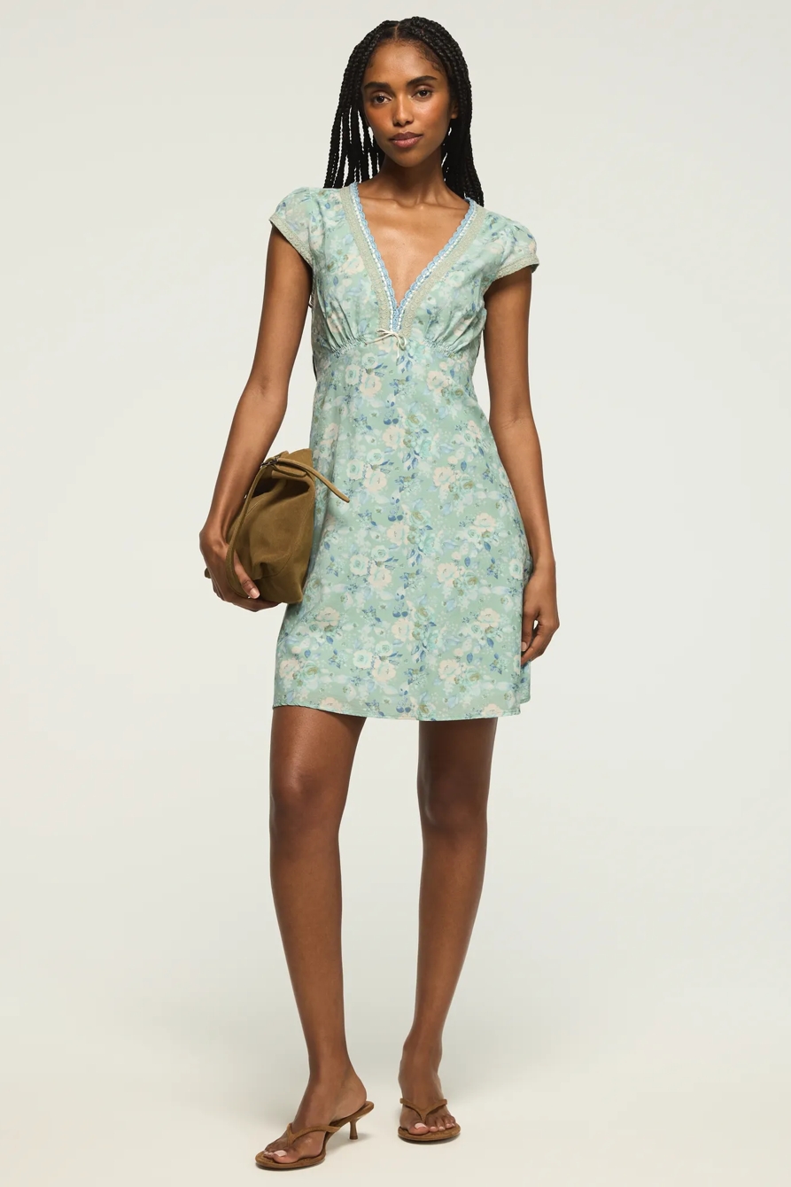 CAP SLEEVE PRINTED MINI DRESS — BLUE FLORAL — image 1