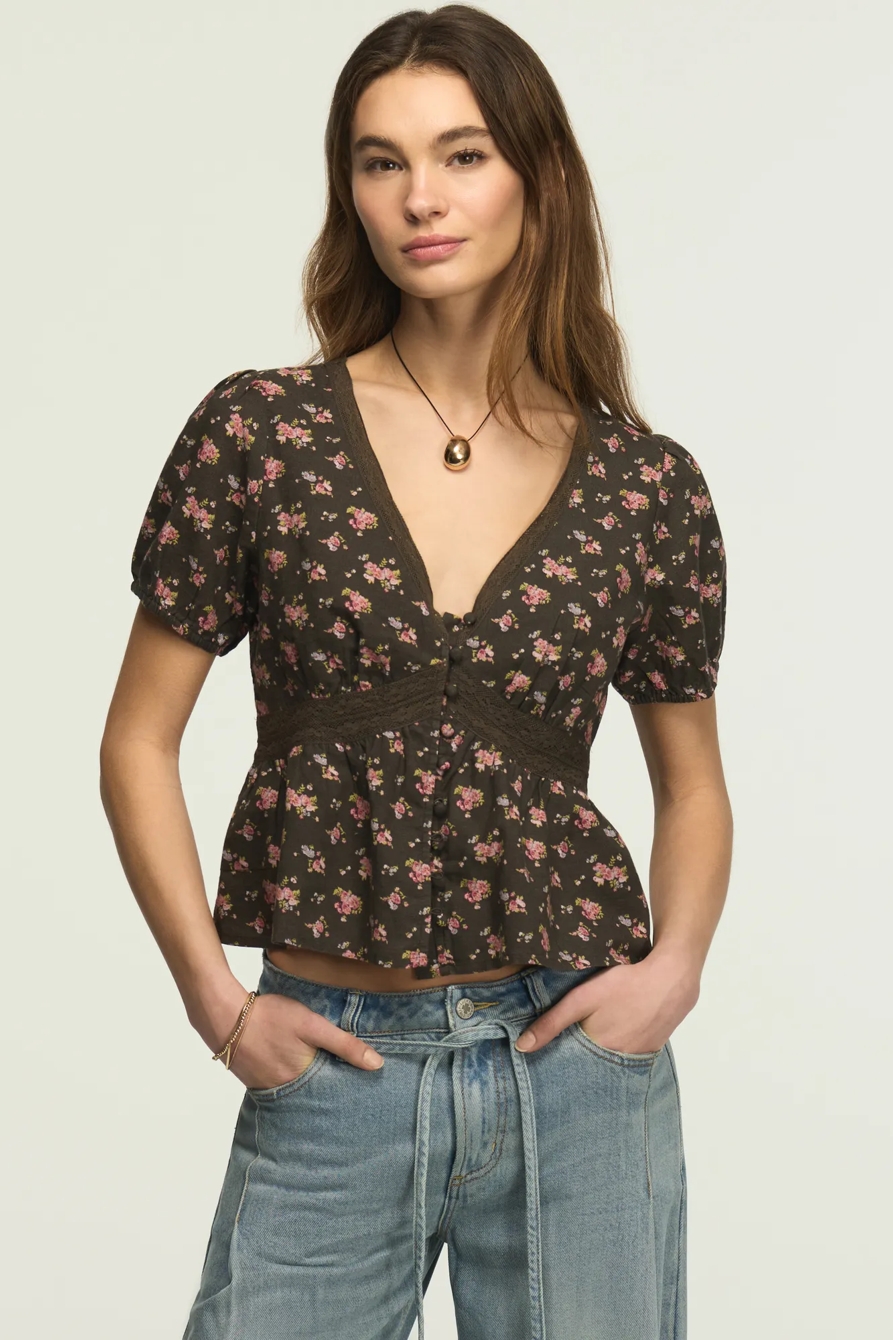 LACE PEPLUM BLOUSE — BLACK FLORAL — image 1