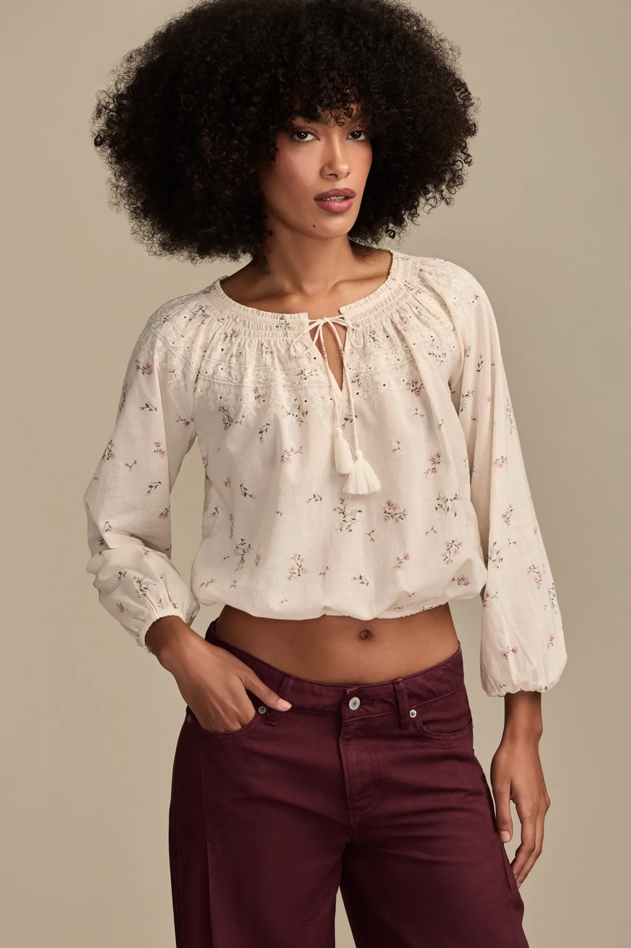 EMBROIDERED SMOCKED PEASANT TOP — CREAM MULTI — image 2