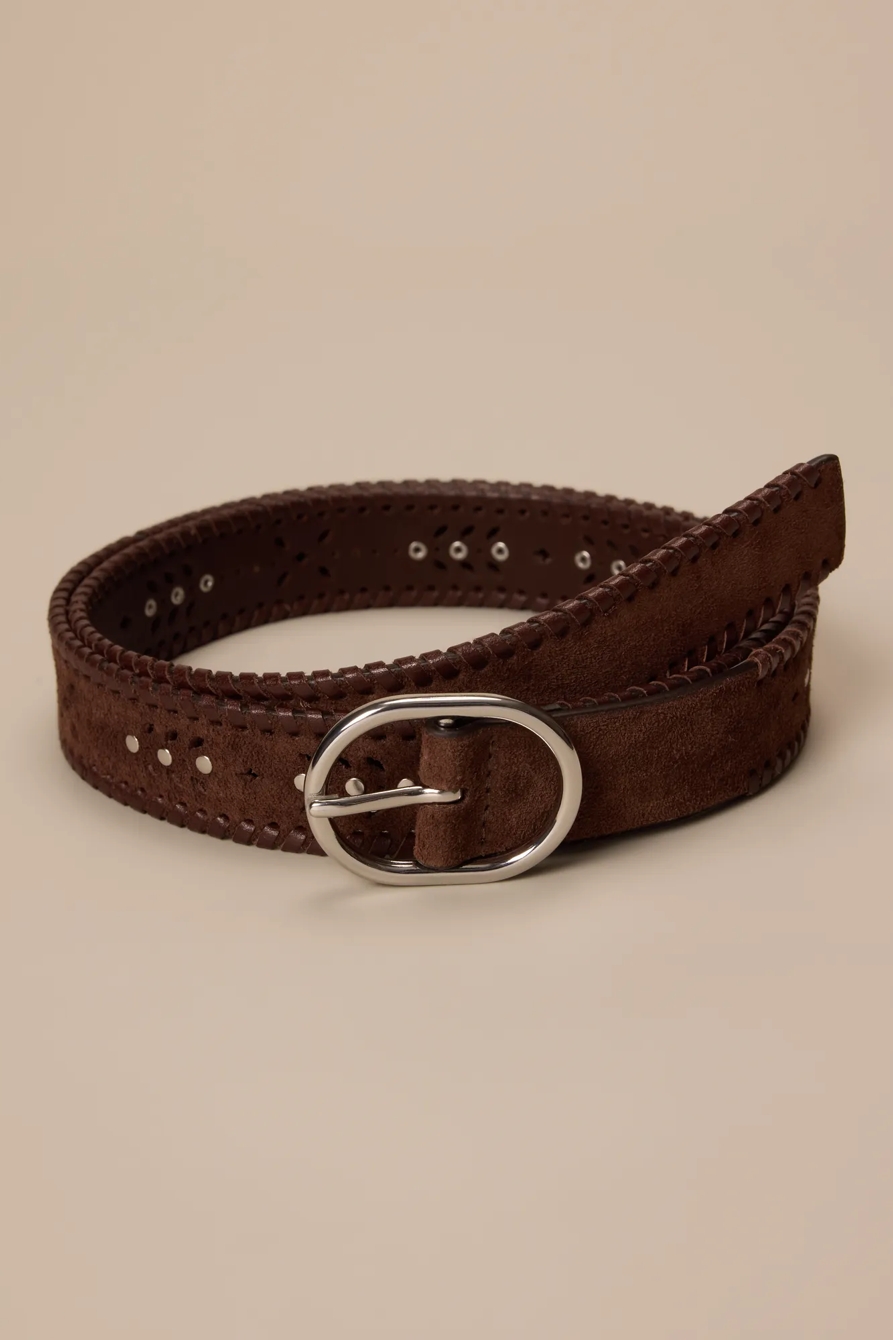 SUEDE LACED AND STUDDED LEATHER BELT — DARK BROWN — image 1