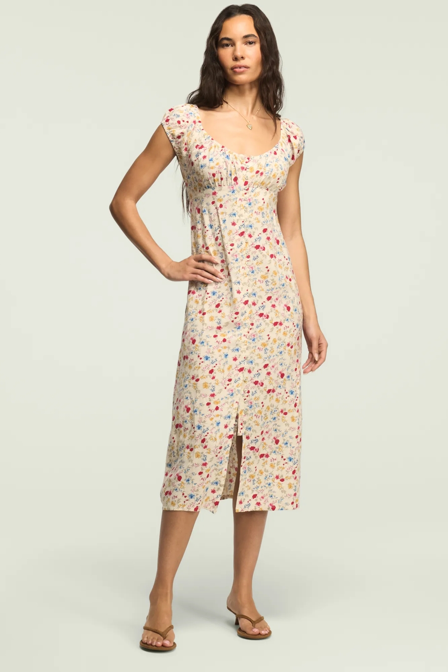 EMPIRE SHORT SLEEVE SIMONE MIDI DRESS — Cream Floral — image 1