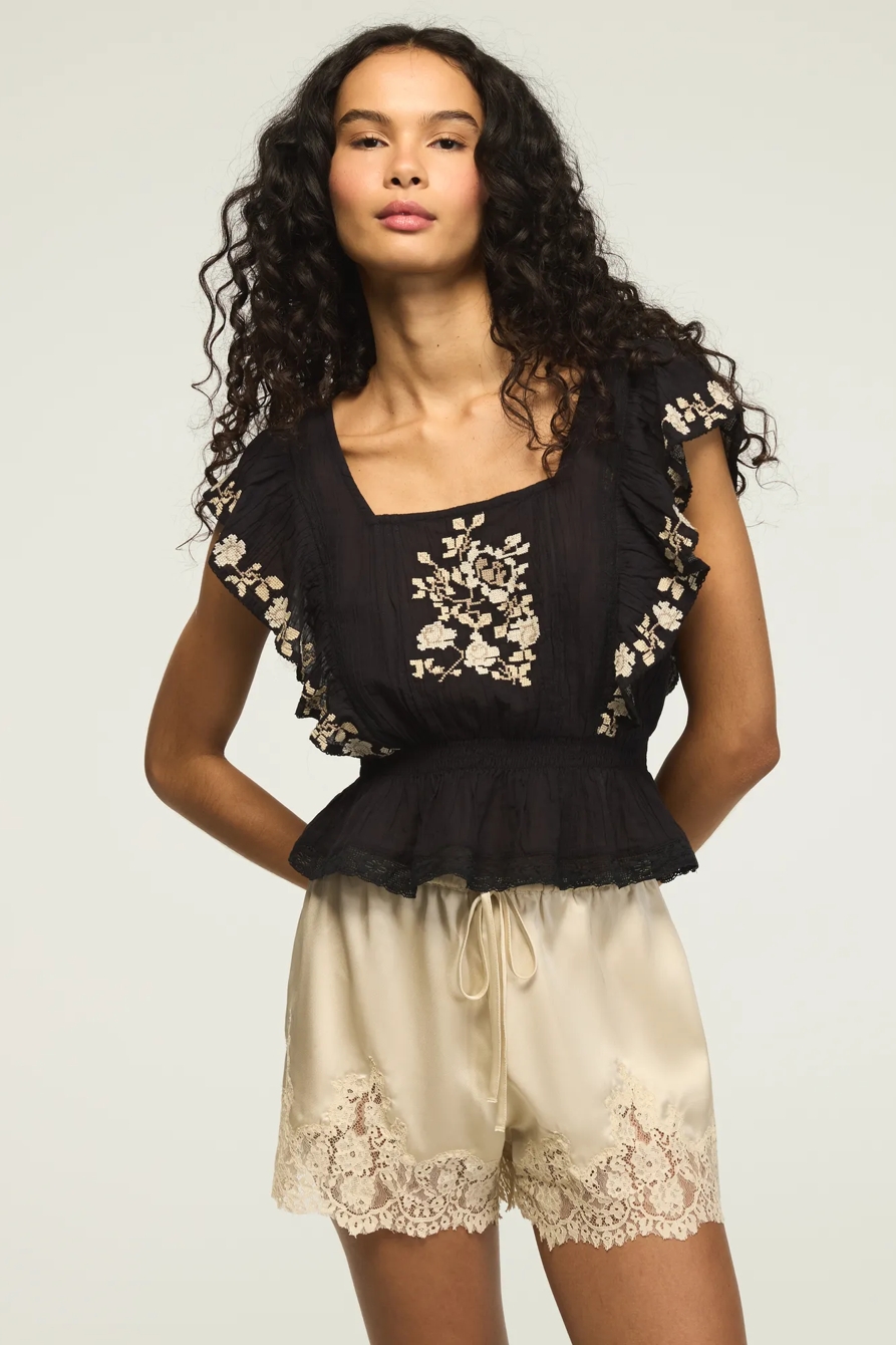 CONTRAST EMBROIDERED RUFFLE TOP — CAVIAR — image 5