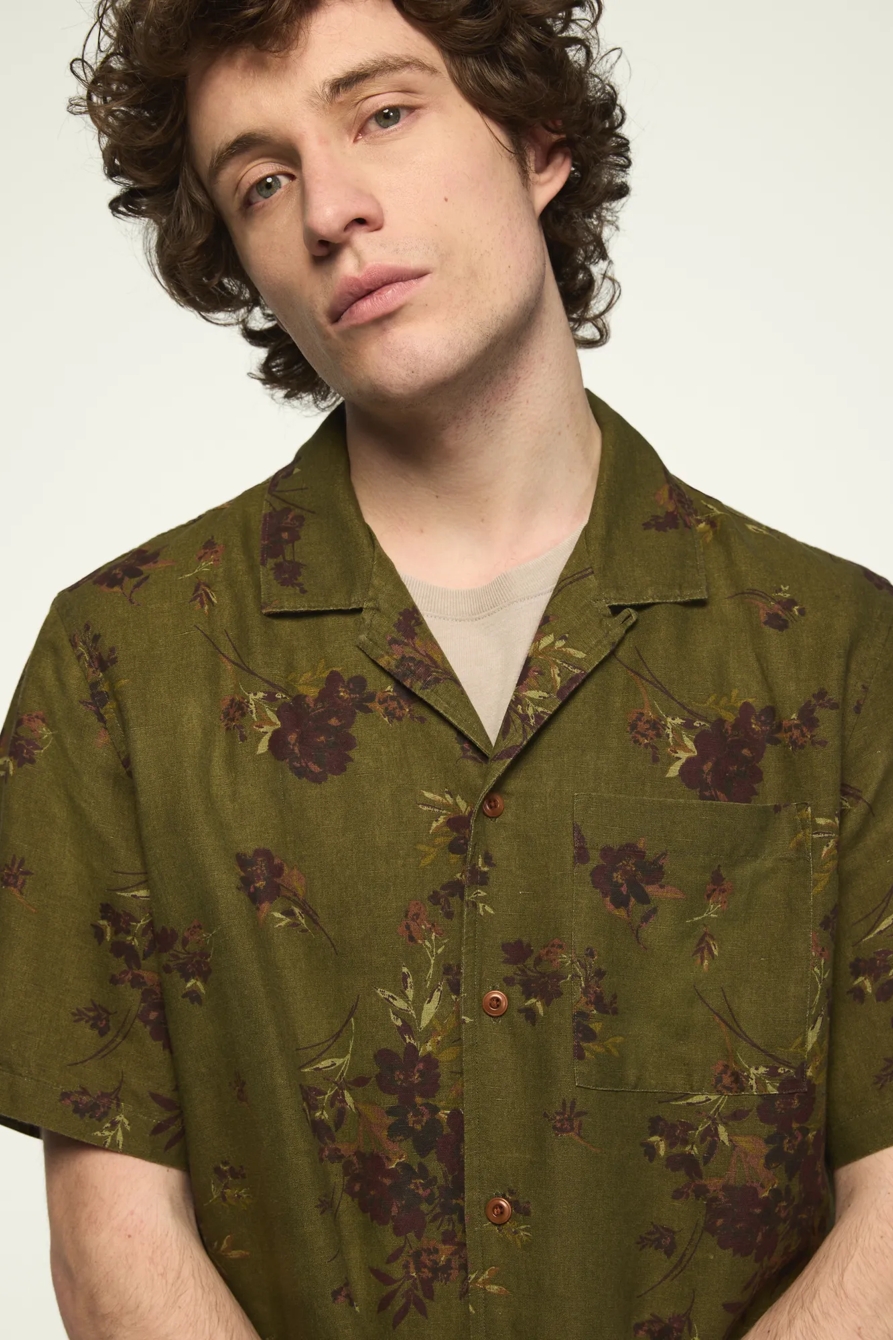 PRINTED SHORT SLEEVE CAMP COLLAR SHIRT — OLIVE PRINT — image 2