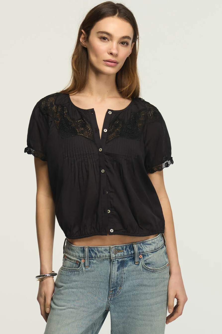 CROCHET PUFF SLEEVE BUTTON UP TOP — CAVIAR — image 1