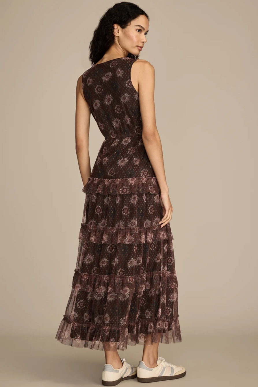 FLORAL MESH TIERED MIDI DRESS — Black Floral — image 3