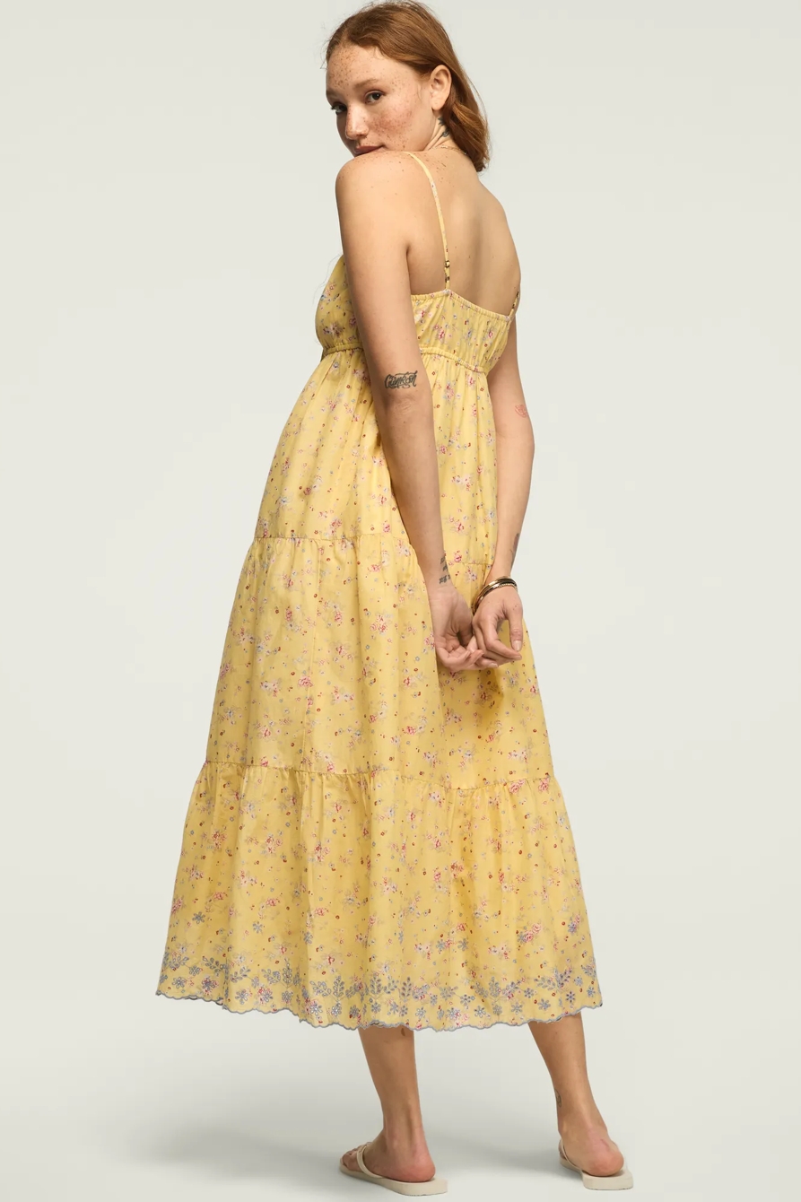 PRINTED EYELET TIERED MIDI DRESS — Yellow Floral — image 3