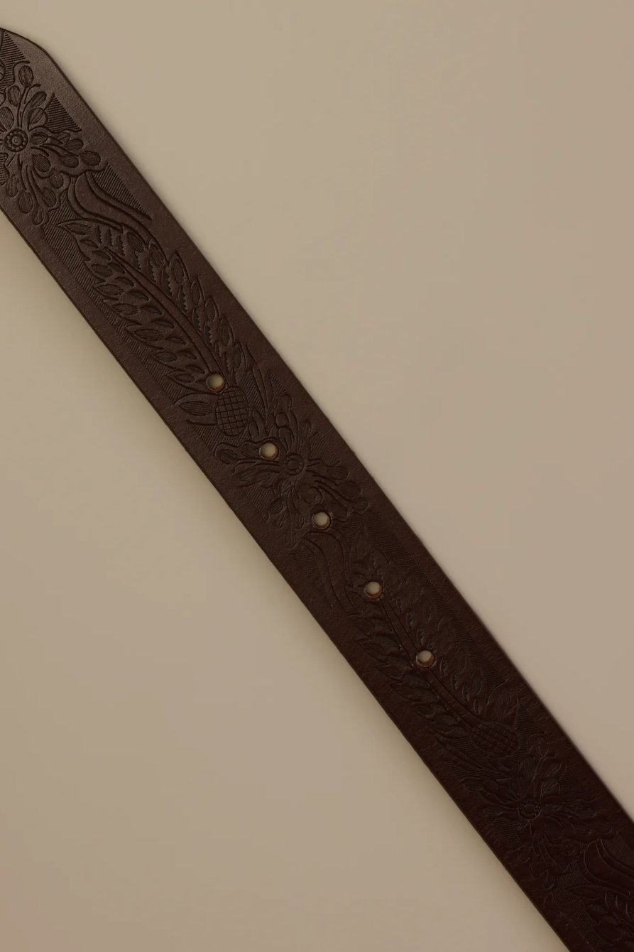Foliage Embossed Leather Belt — BROWN — image 2