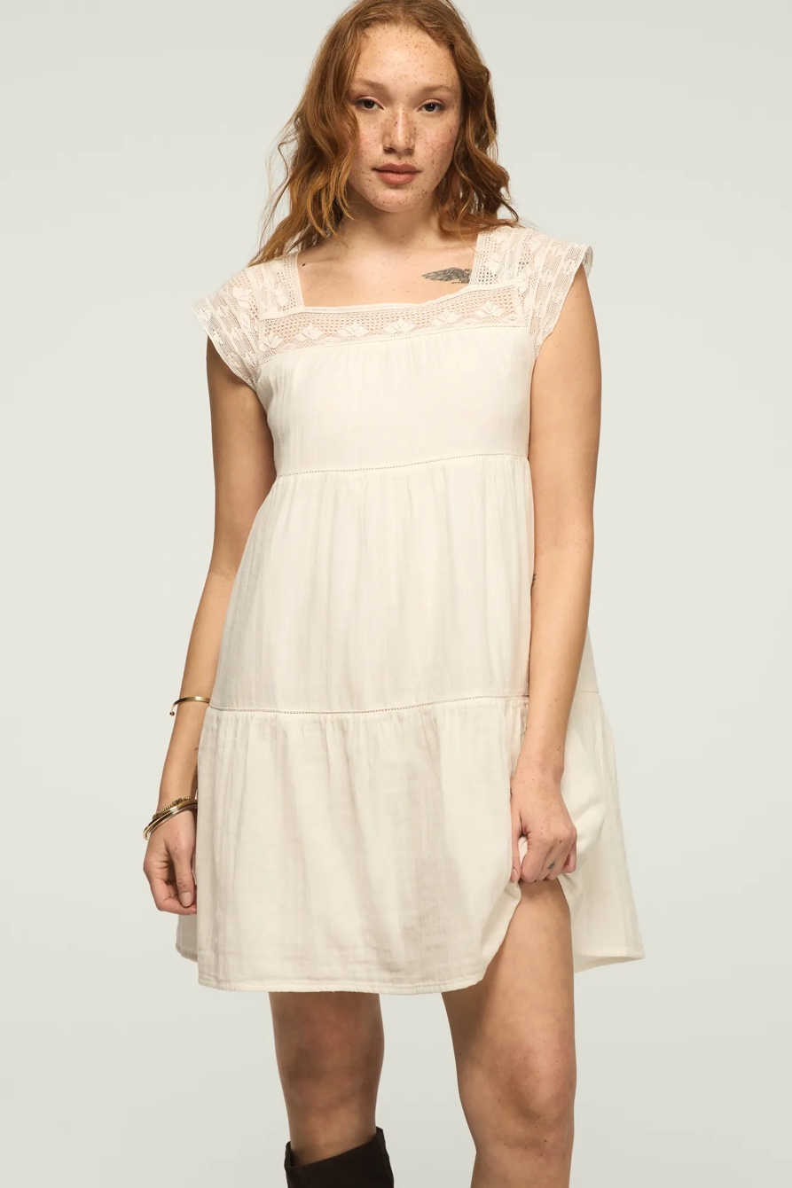 TIERED LACE SLEEVE MINI DRESS — GARDENIA — image 2