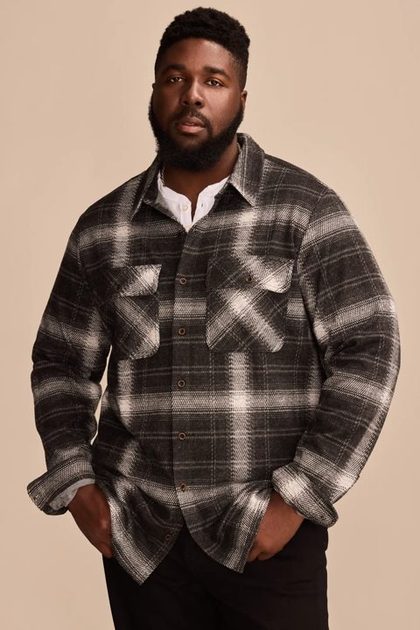 BIG & TALL LONG SLEEVE BRUSHED KNIT SHIRT, BLACK MULTI