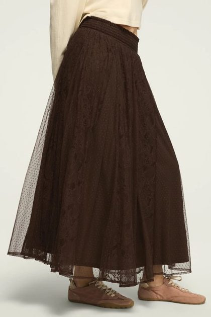 ALLOVER LACE MIDI SKIRT, Chocolate Brown