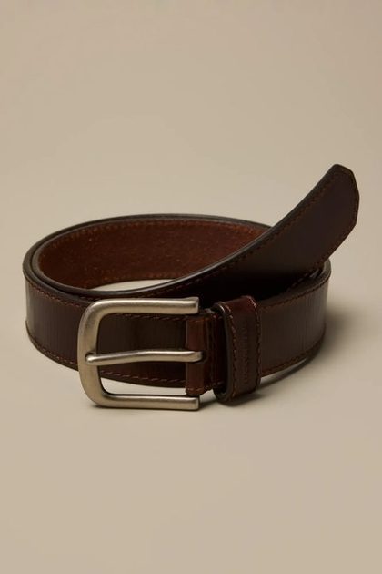 DISTRESSED LEATHER LOGO BELT, BROWN