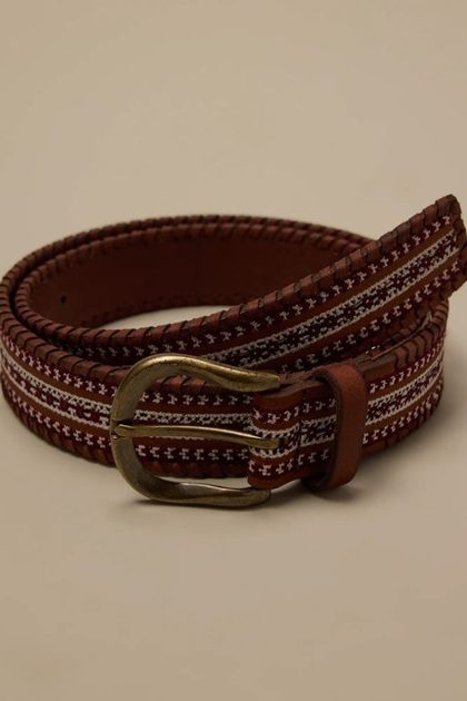 LEATHER LACED AND EMBROIDERED BELT, BROWN