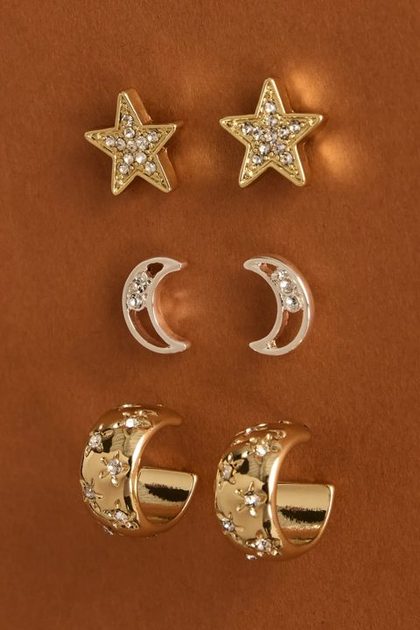 STAR AND MOON STUD AND HOOP EARRING SET, TWO TONE