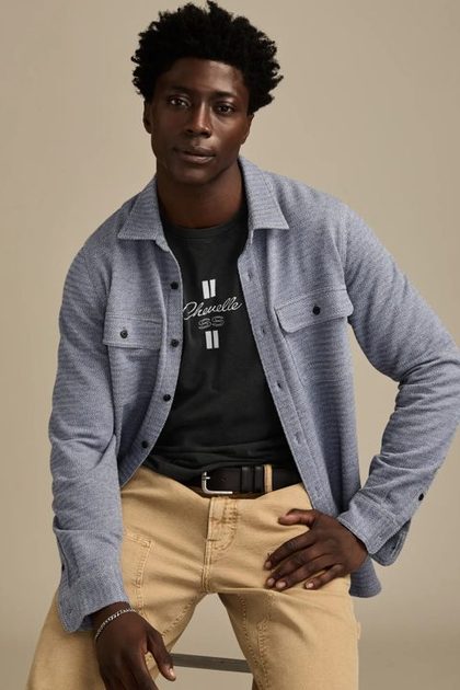HERRINGBONE KNIT SHIRT, HEATHER BLUE