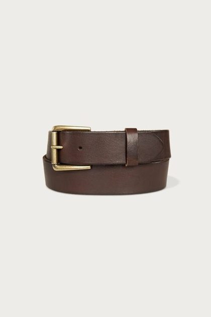 LEATHER JEAN BELT WITH ROLLER BUCKLE AND RIVETS, DARK BROWN